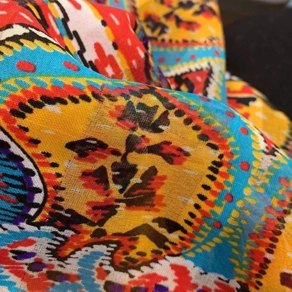 Source Unknown hand rolled bright yellow  scarf w colourful border 100” by 54”. - Picture 6 of 6